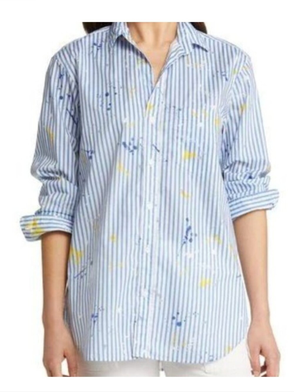 Frank & Eileen Blue White Strip Splatter McKenzie Shirt, Oversized OS